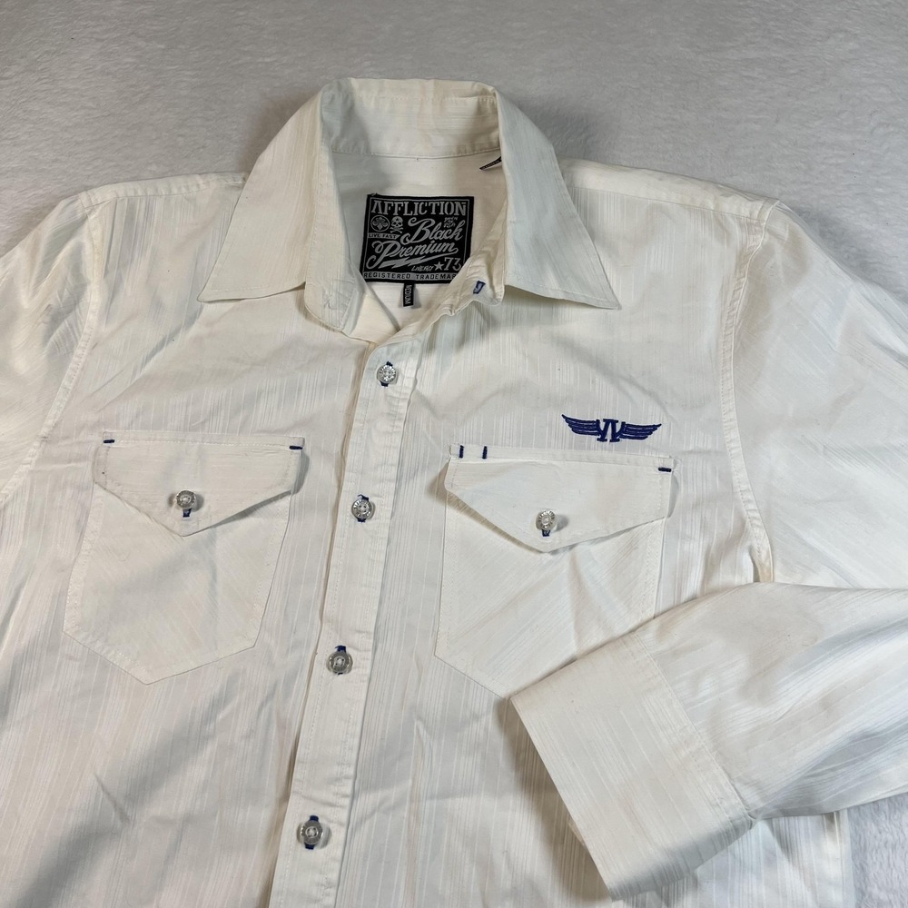 Affliction Shirt Mens Medium White Stripe Long Sleeve Button Up Embroidered